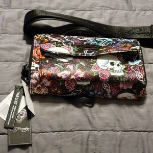 Ed Hardy NWT! Double Zip Floral Skull Crossbody Wallet - Black Multicolor